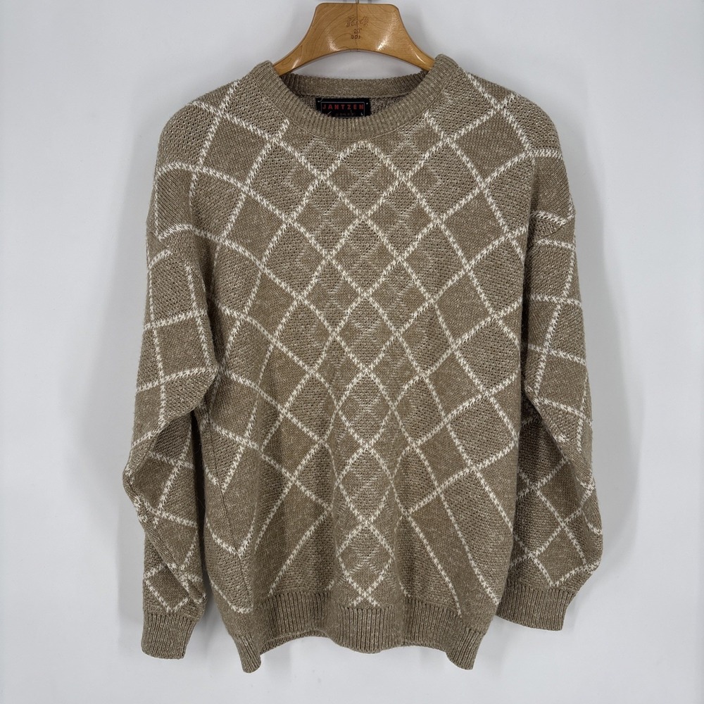 VTG Jantzen Sport Mens Cotton Blend Sweater Size‎ Large Beige Diamond Print